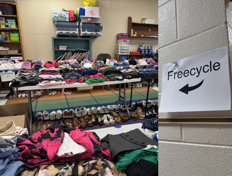 Clothing, shoes, and other donated items organized for a student-led Freecycle event at Belvoir Elementary School’s Global Festival.