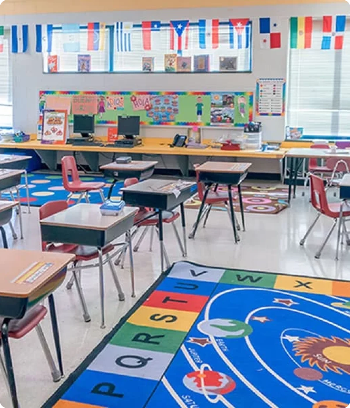 A Global Leader’s classroom decorated with flags from different countries