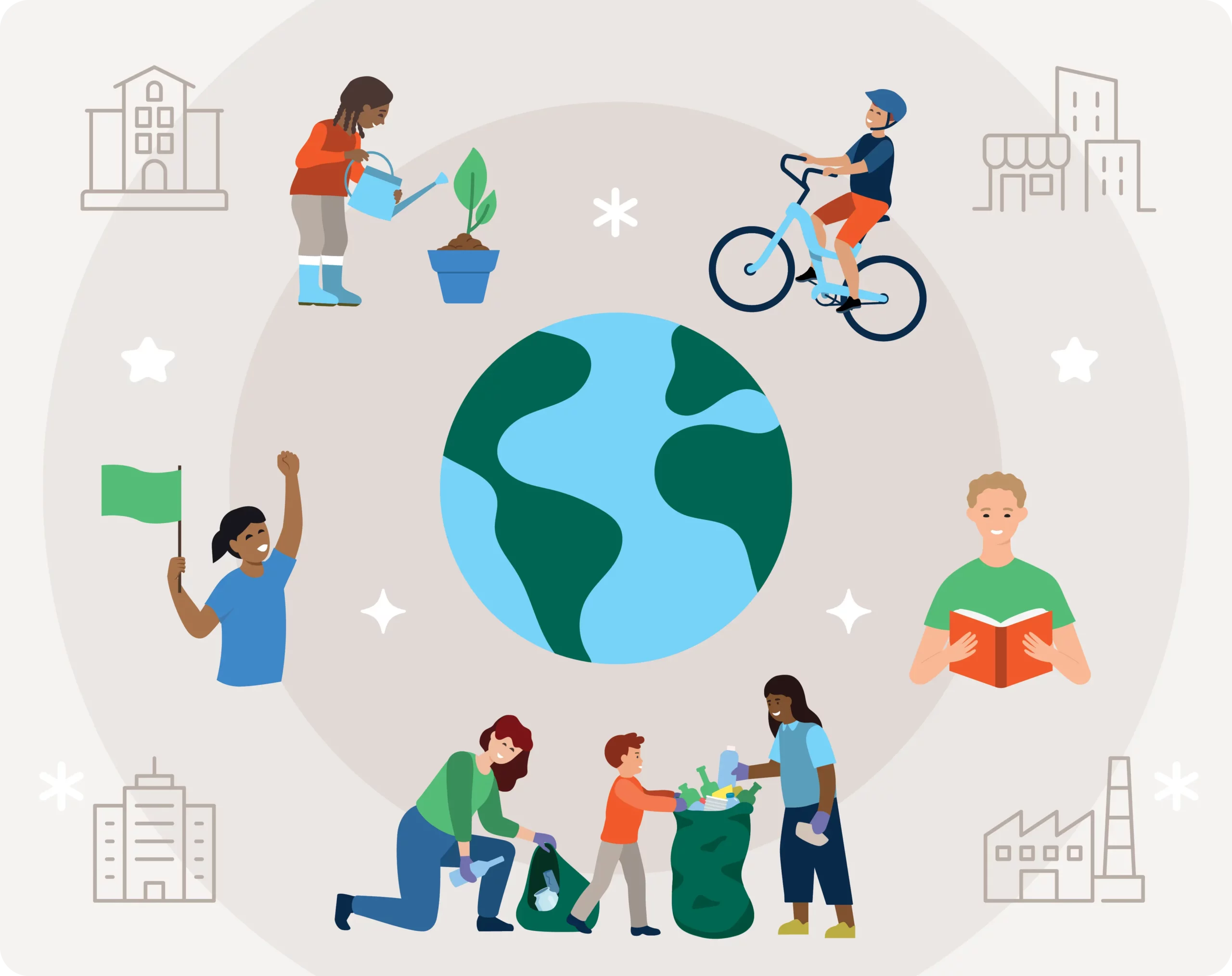 A graphic with people collaborating to make the world a better place through global education