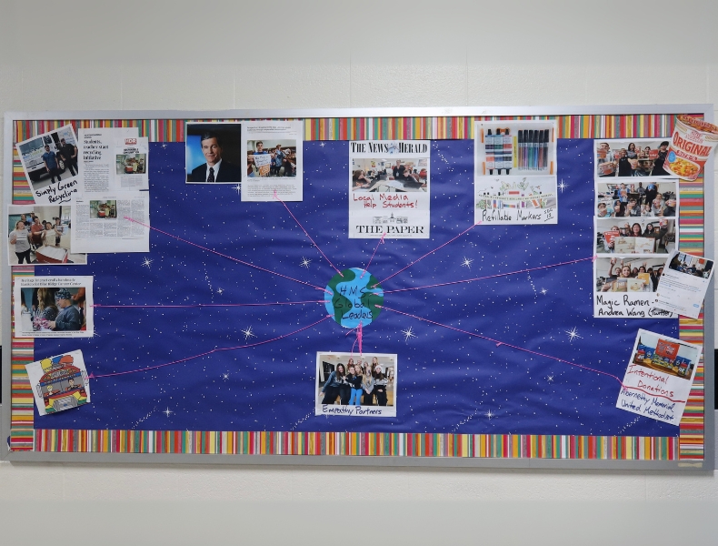 A bulletin board showing the impact that students at Heritage Middle School have had on their community.