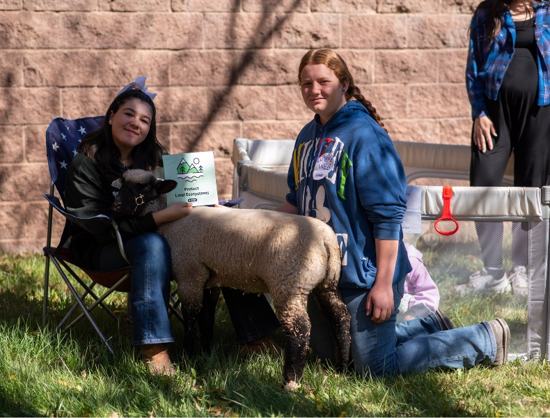 Two students posing with a sheep, with one student holding up a Participate Learning Protect Land Ecosystems poster