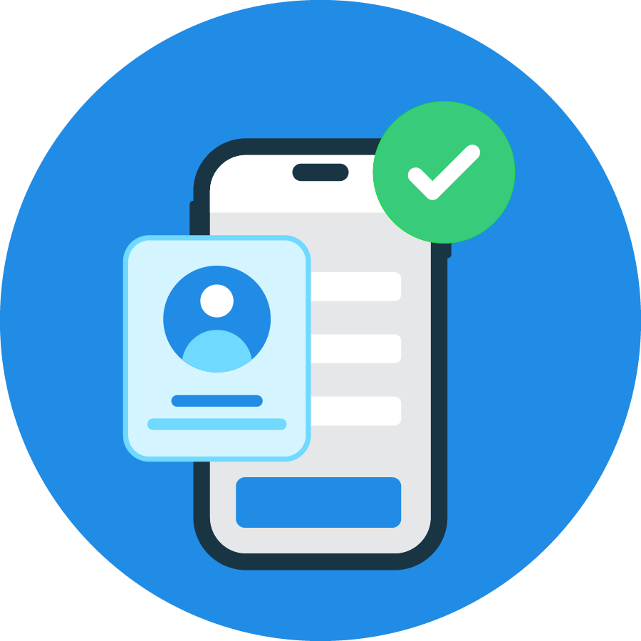 Flat design icon showing a smartphone with a user ID card overlay and a green checkmark, set against a blue circular background. Symbolizes successful login, registration, or digital identity confirmation.