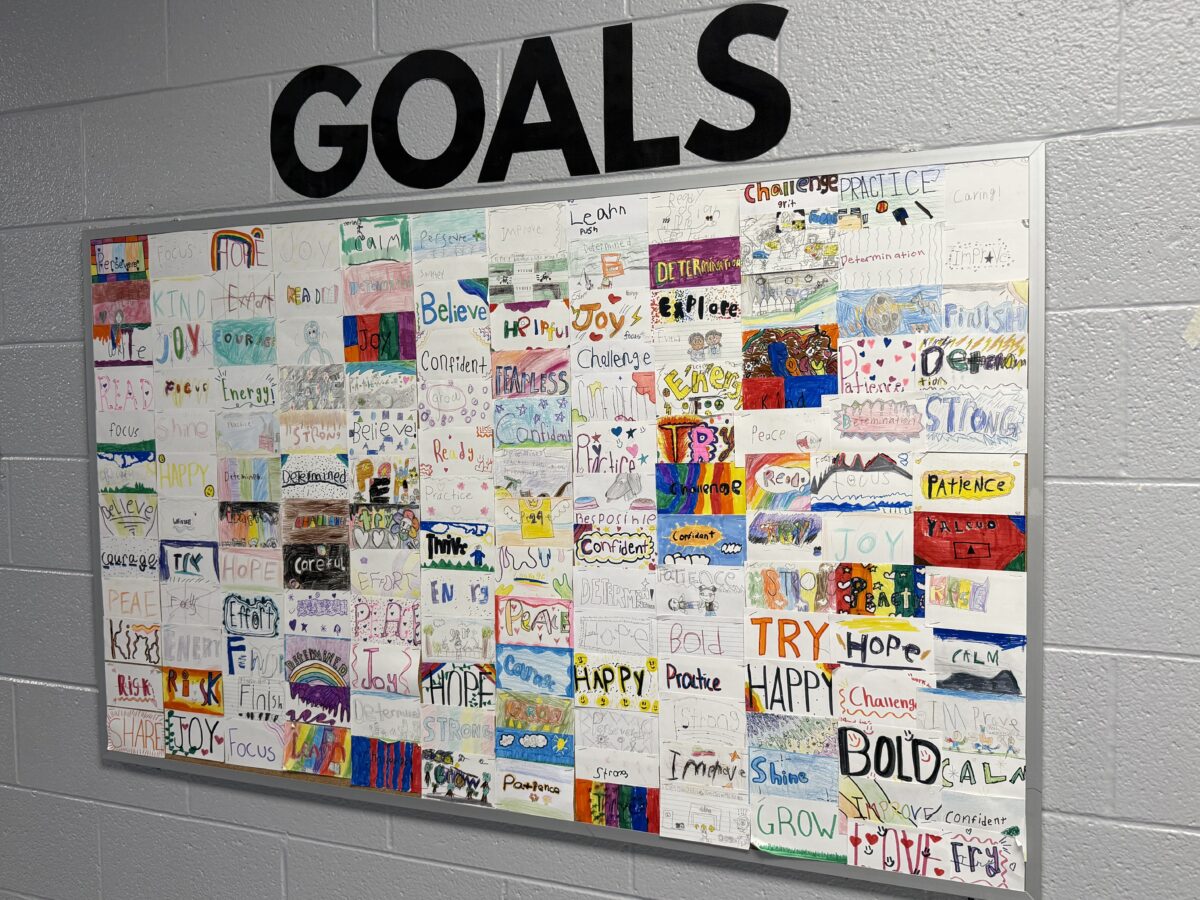 Wall display labeled “Goals” with student drawings and words about things like perseverance, confidence, and growth.