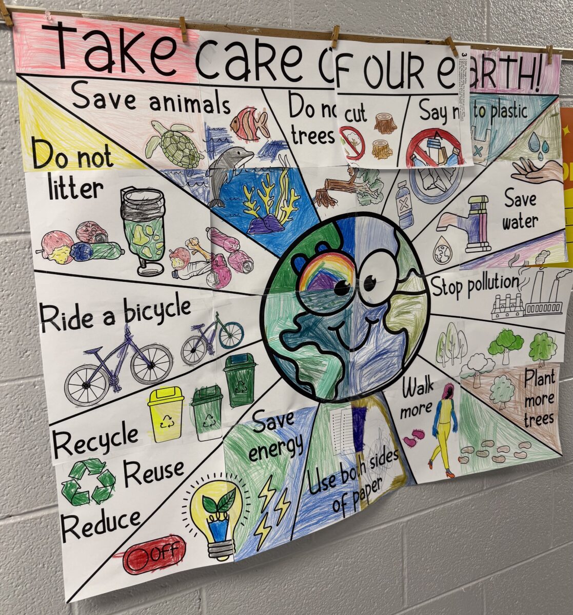 tudent-created Earth Day poster with drawings and actions like recycling, saving water, and protecting animals, supporting global learning and environmental awareness.