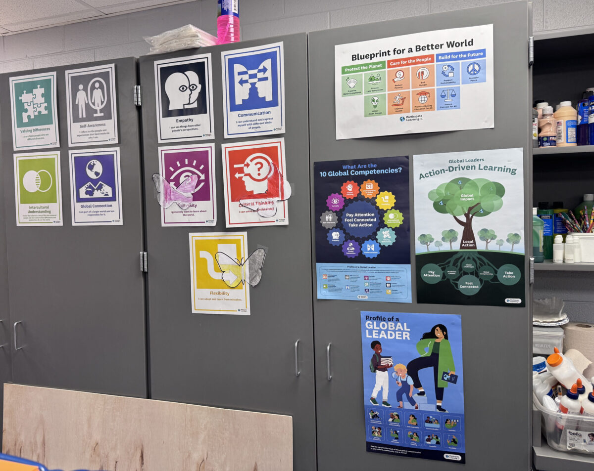 Posters about global learning (global competencies, global challenges, and action driven learning) hanging in a classroom