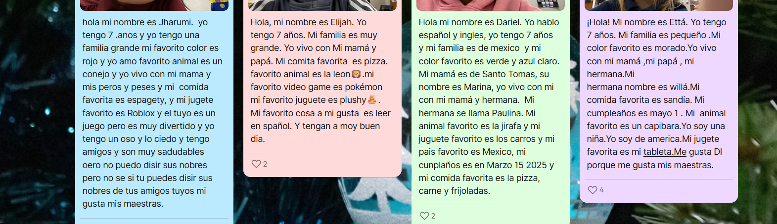 Padlet board displaying elementary students’ written introductions in Spanish, showcasing authentic language use and communication skills in a dual language education setting.