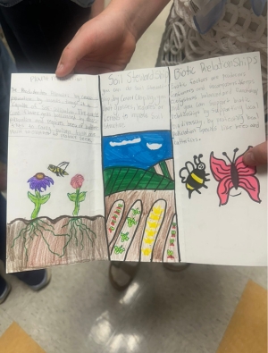 A student holds a hand-drawn tri-fold brochure with sections on Plant Life, Soil Stewardship, and Biotic Relationships, illustrated with colorful drawings of flowers, soil layers, a bee, and a butterfly.