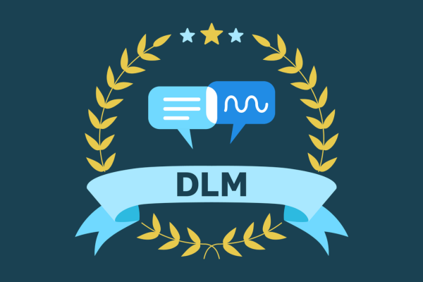 An icon with two speech bubbles and a banner reading "DLM"