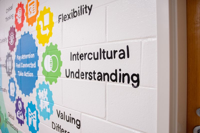 School wall mural with colorful gears highlighting global competencies, including flexibility and intercultural understanding, alongside “Pay Attention, Feel Connected, Take Action.”
